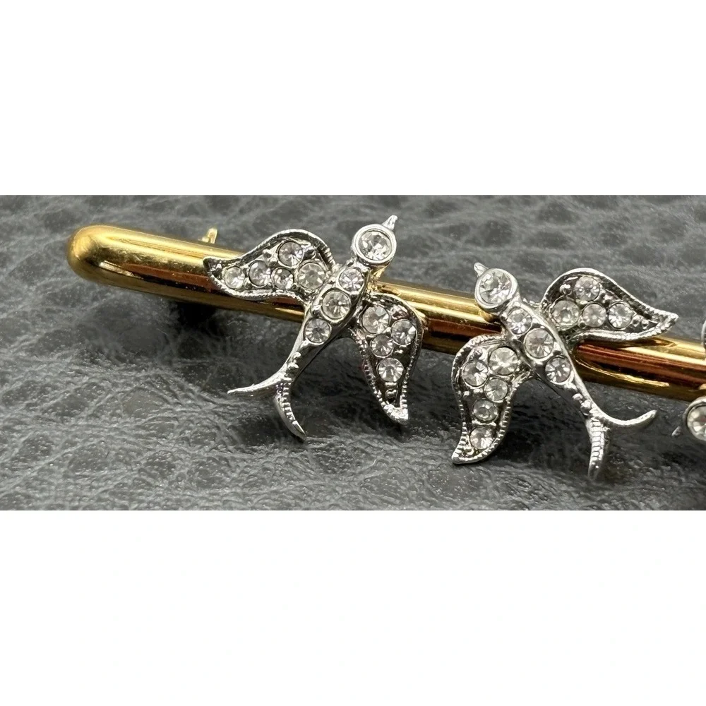 Atwood & Sawyer Victorian Revival Rhinestone Swallow Birds Bar Brooch Gold Tone